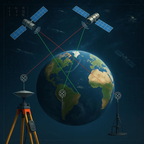 Representación del sistema GPS con satélites emitiendo señales a receptores en la Tierra mediante líneas de trilateración